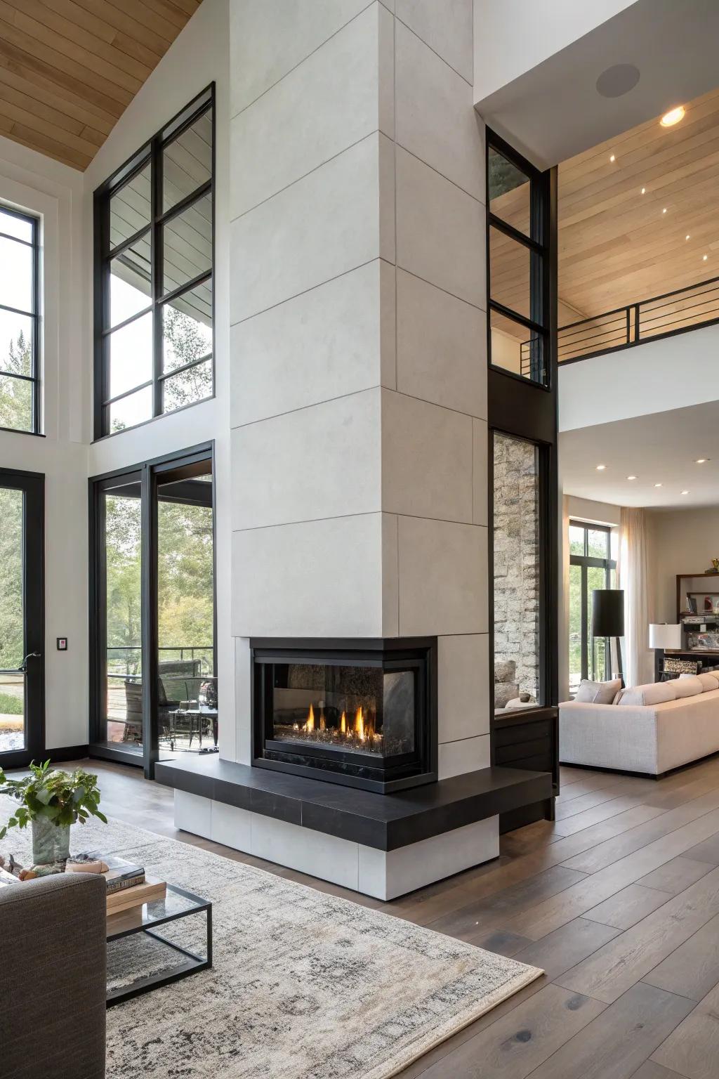 Metal accents add sleek modernity to a fireplace design.
