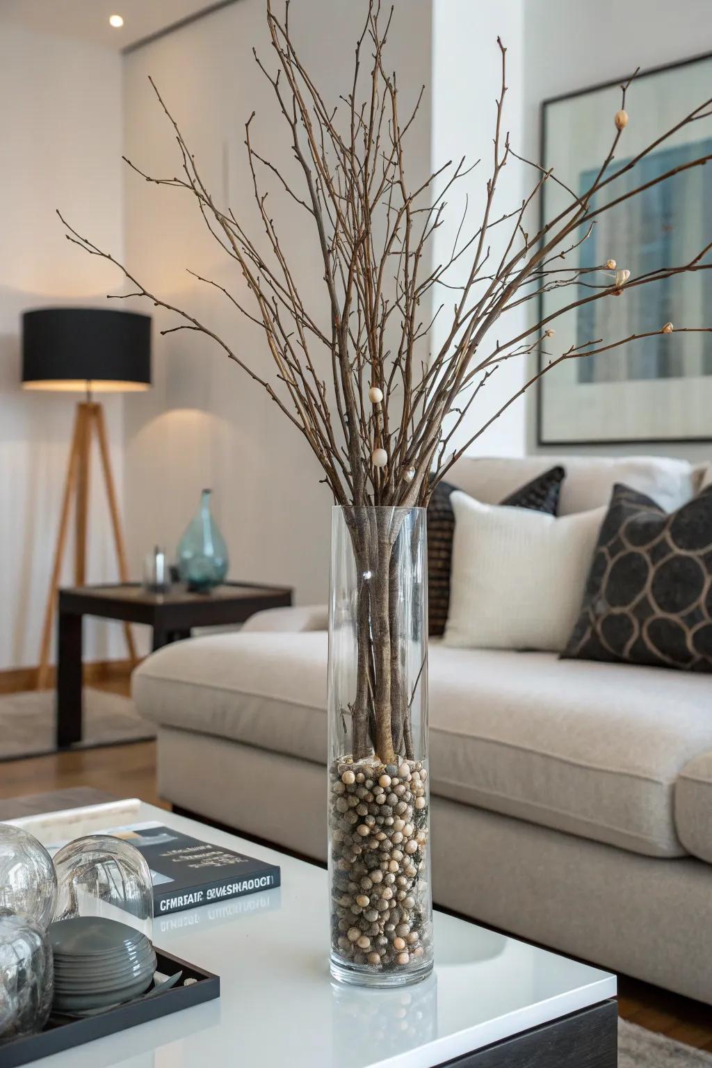 An elevated glass vase containing ornamental sprigs, thereby imparting an artistic flair to a contemporary living expanse.