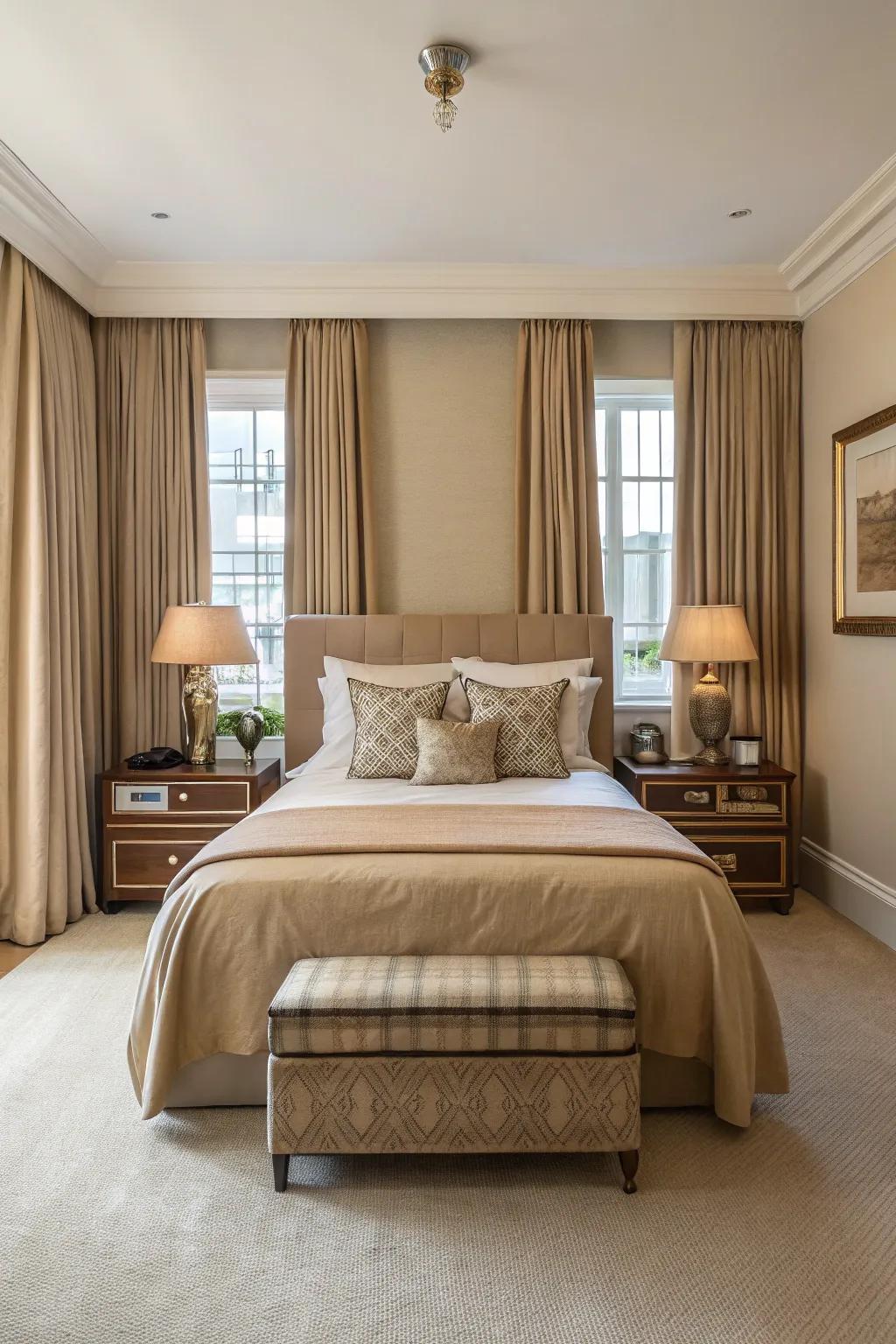 Symmetrical settings conjure a soothing balance in the tan room.