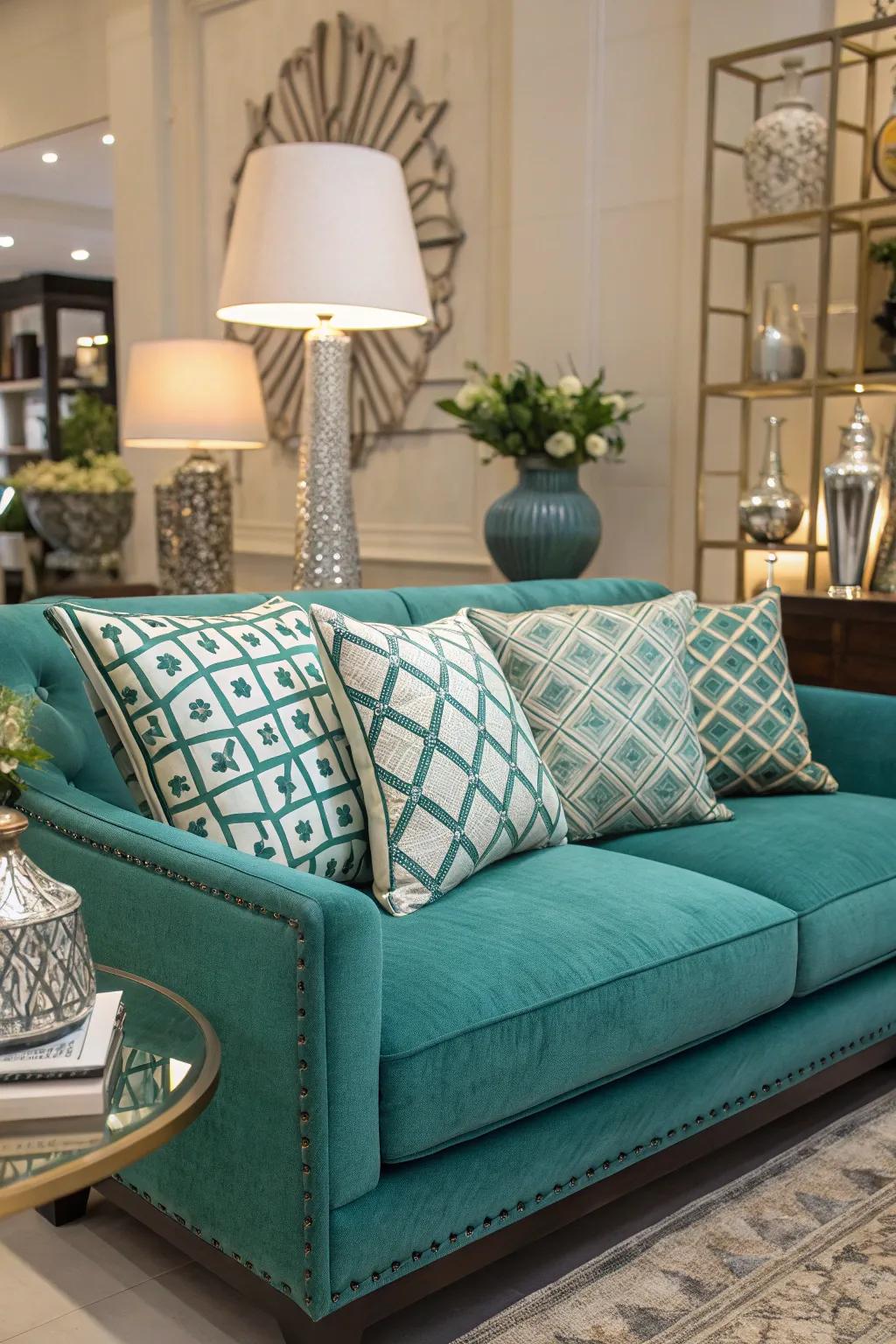 Geometric designs impart a modern touch to a teal settee.