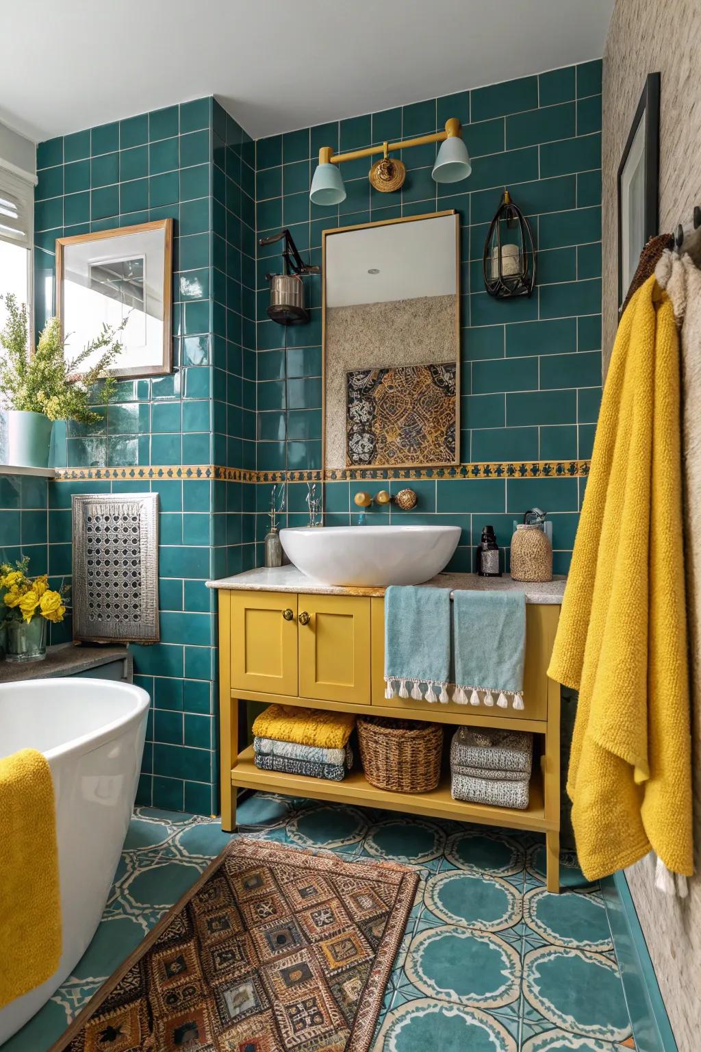 Unforeseen color pairings with teal tiling constitute a striking proclamation.
