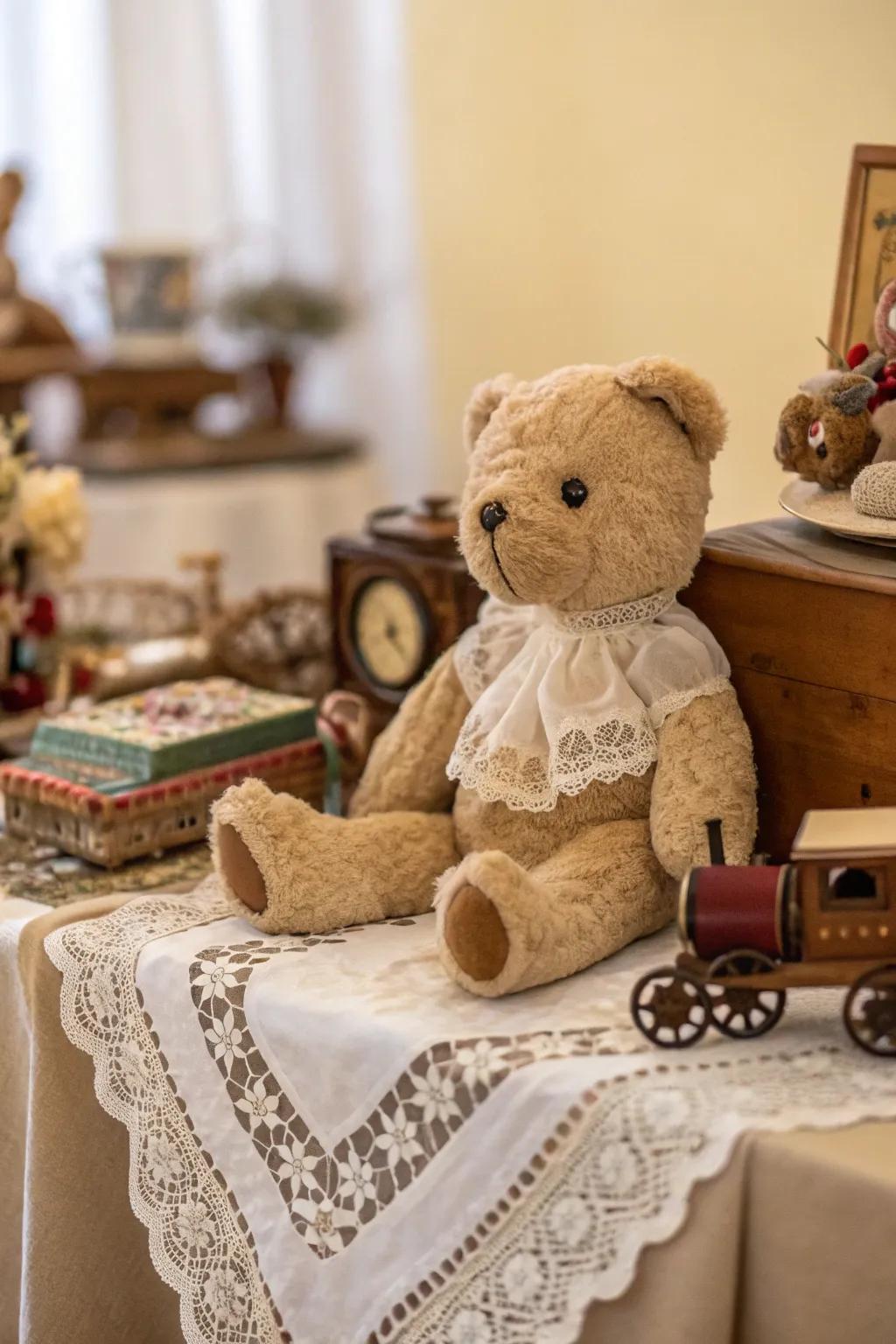 Aged sensations append character to a cuddly bear centerpiece.