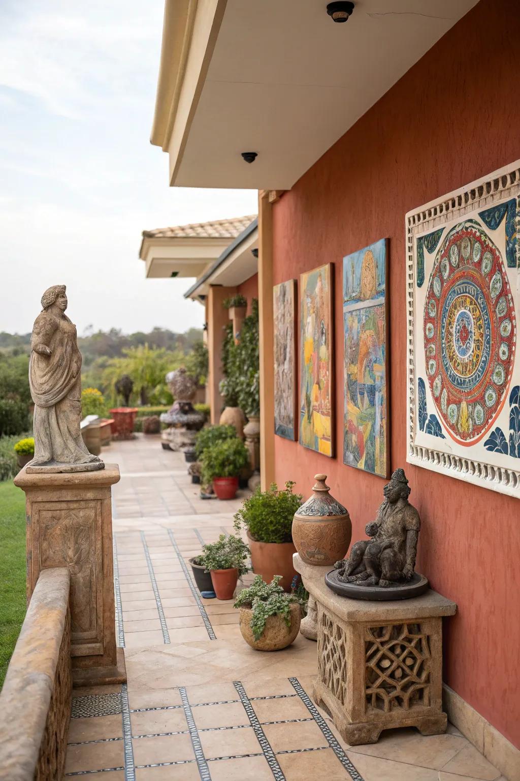 Art pieces can turn terraces into outdoor galleries.