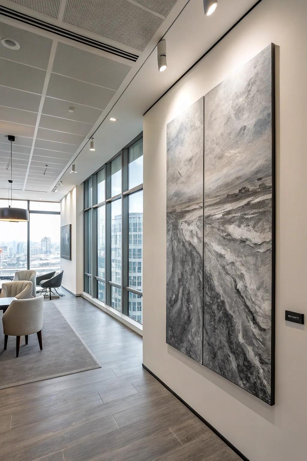 This contemporary office is made more sophisticated with a monochromatic textured painting.