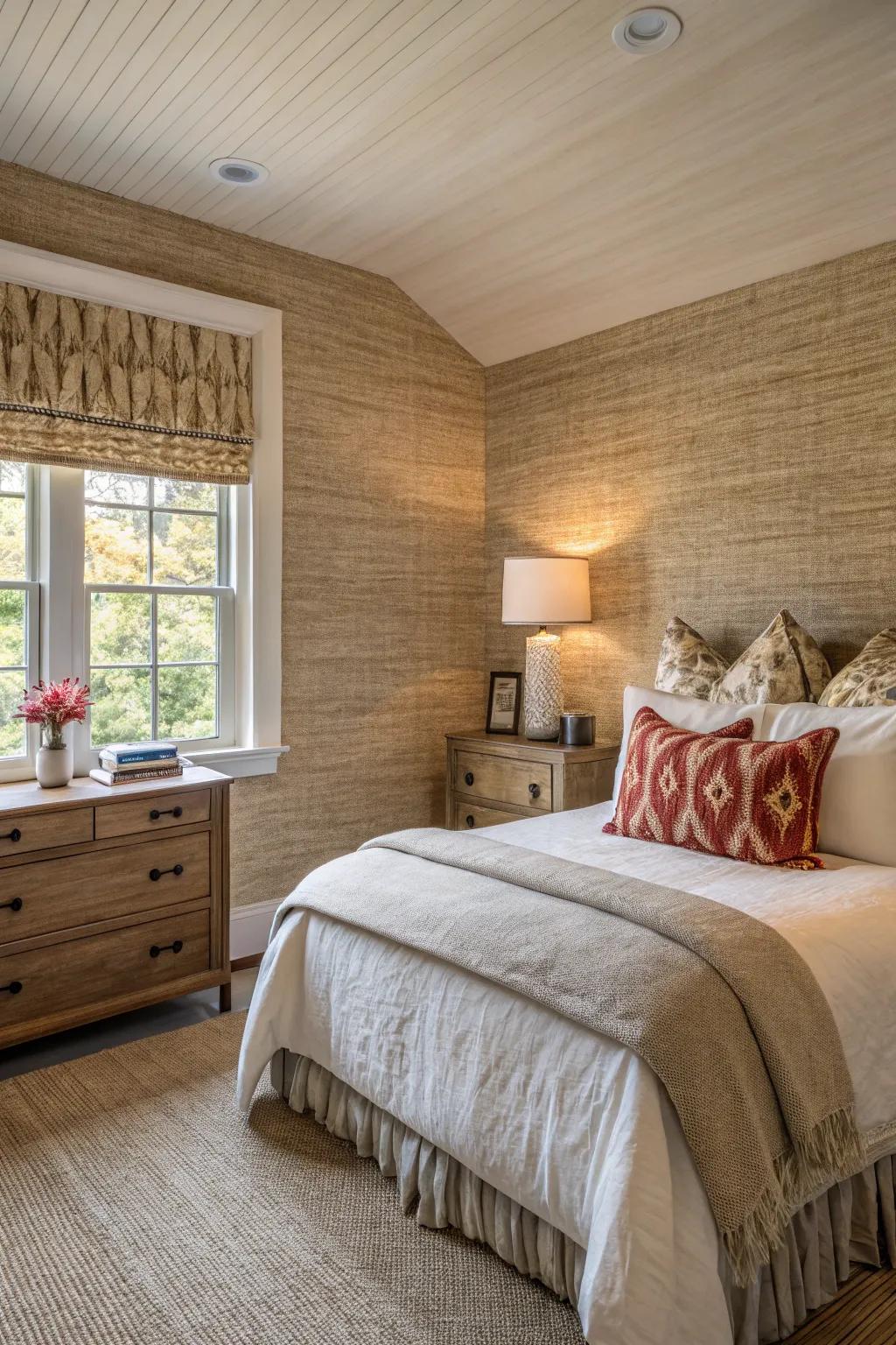 A serene bedroom adorned with cozy grasscloth wallpaper.