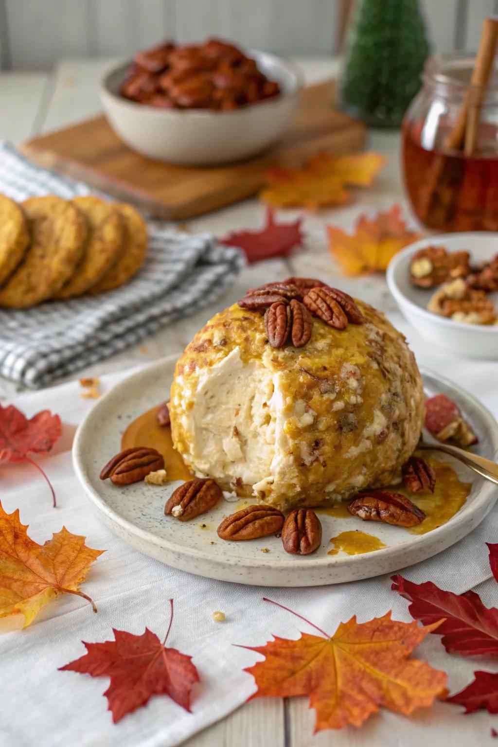 A woodland and pecan cheese ball, evoking a sense of sweet warmth.