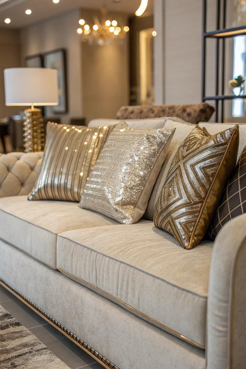 Glamorous metallic details on cushions for a touch of luxury.