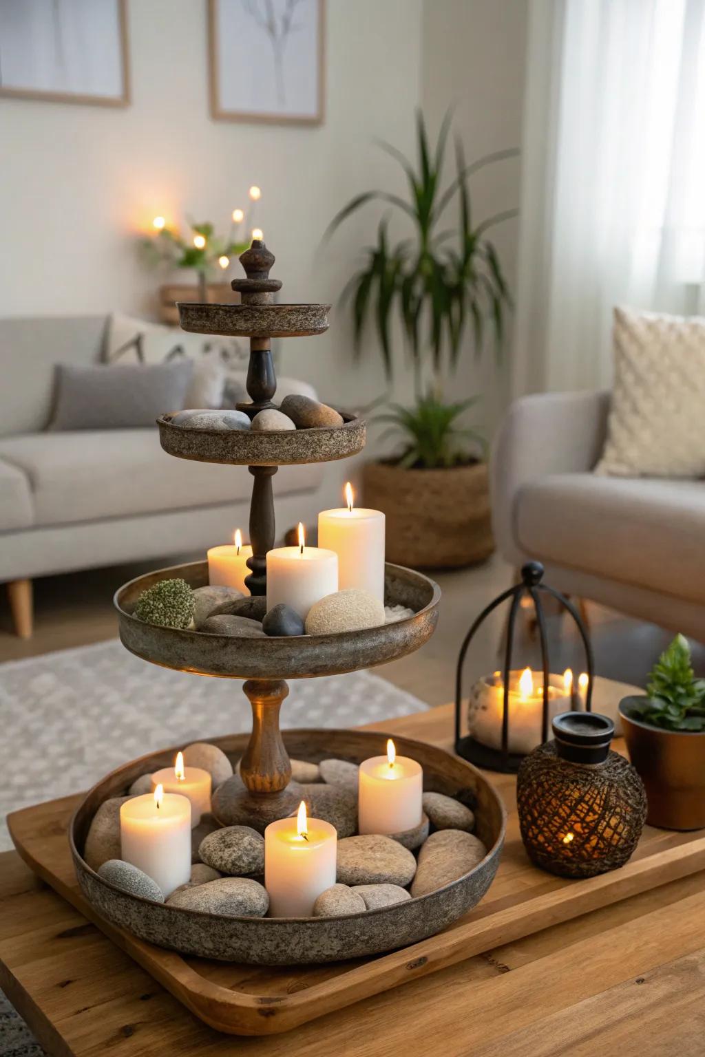 A zen-themed tiered tray offers a moment of peace.