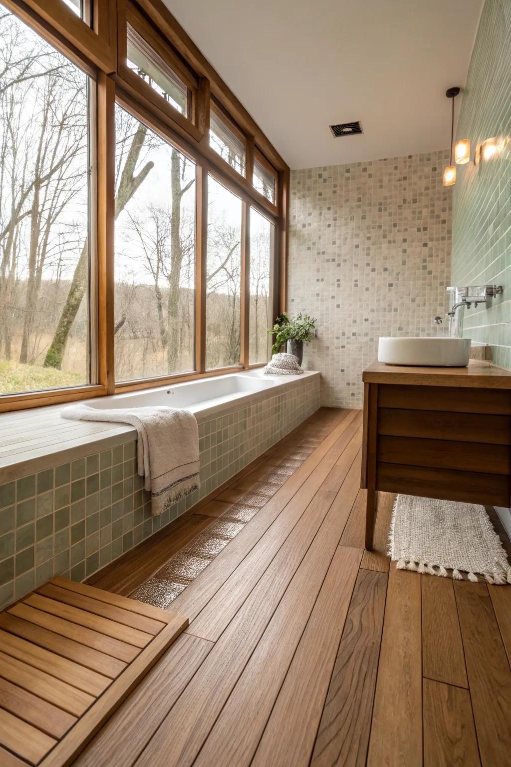 Soft contrast tiles create a gentle transition into a timber floor.