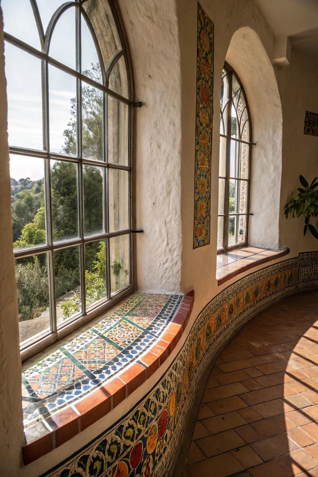 Curved tiled windowsills establish a unique structural feature that distinguishes itself.