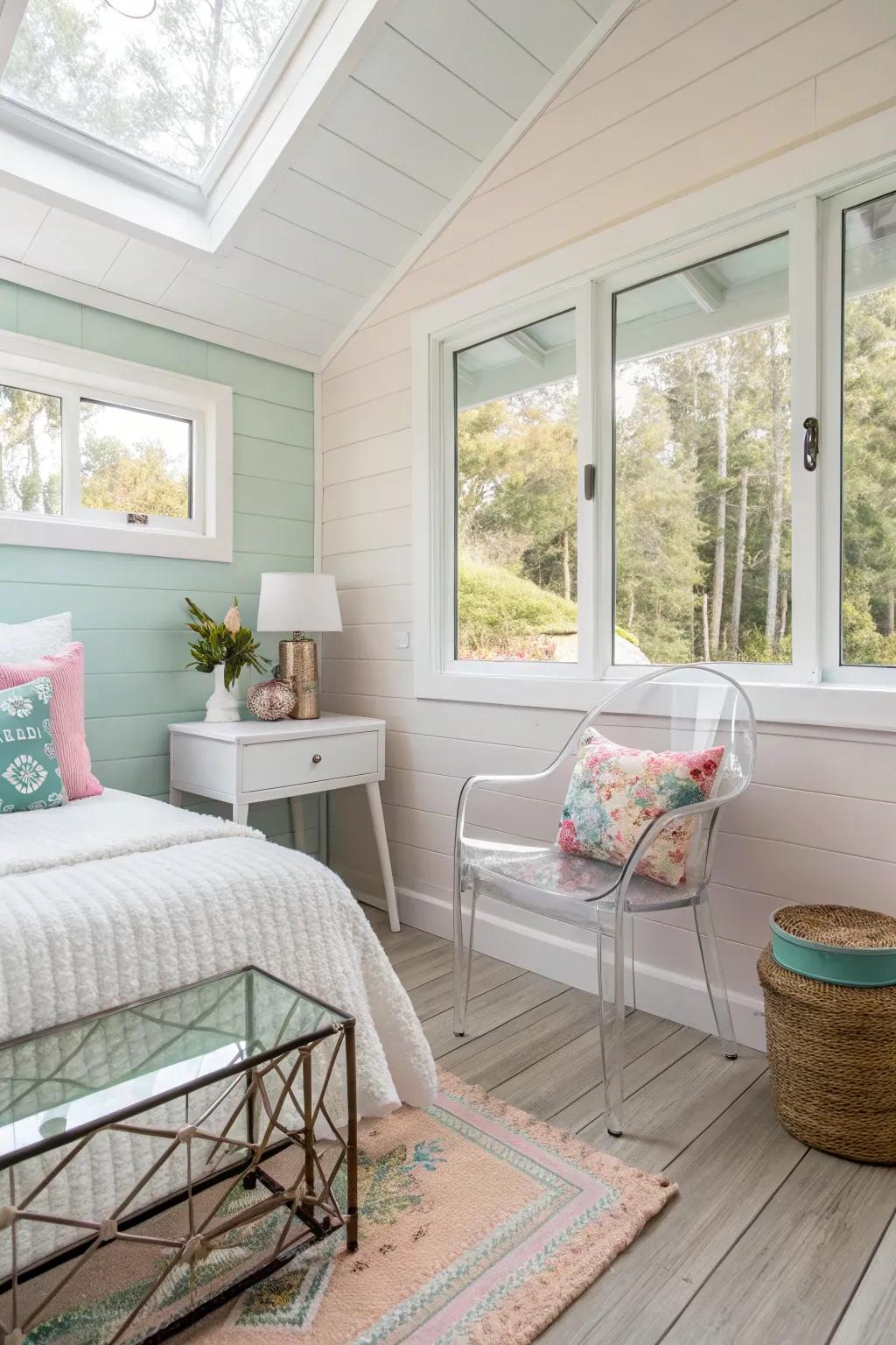 See-through furniture keeping an open and airy feel in the sleeping space.