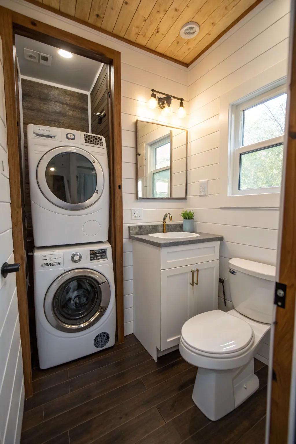 A integrated washing/drying machine maximizes usability in this compact bathroom.