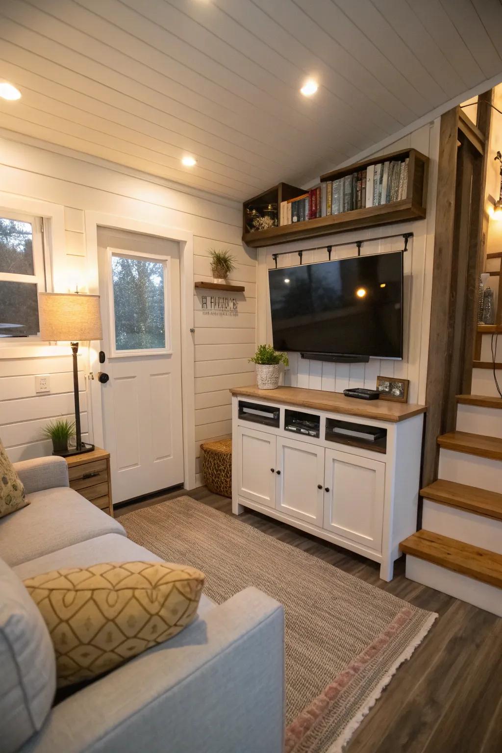 Space-optimized TV configuration within a petite house lounging space