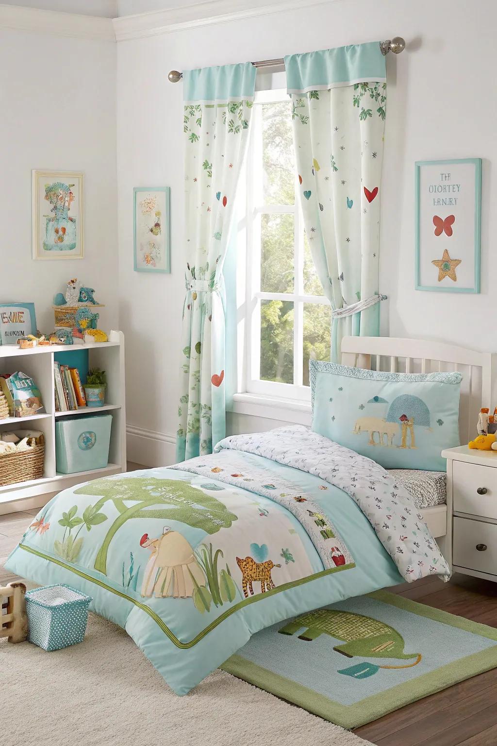 Coordinated bedding unifies the room's design beautifully.