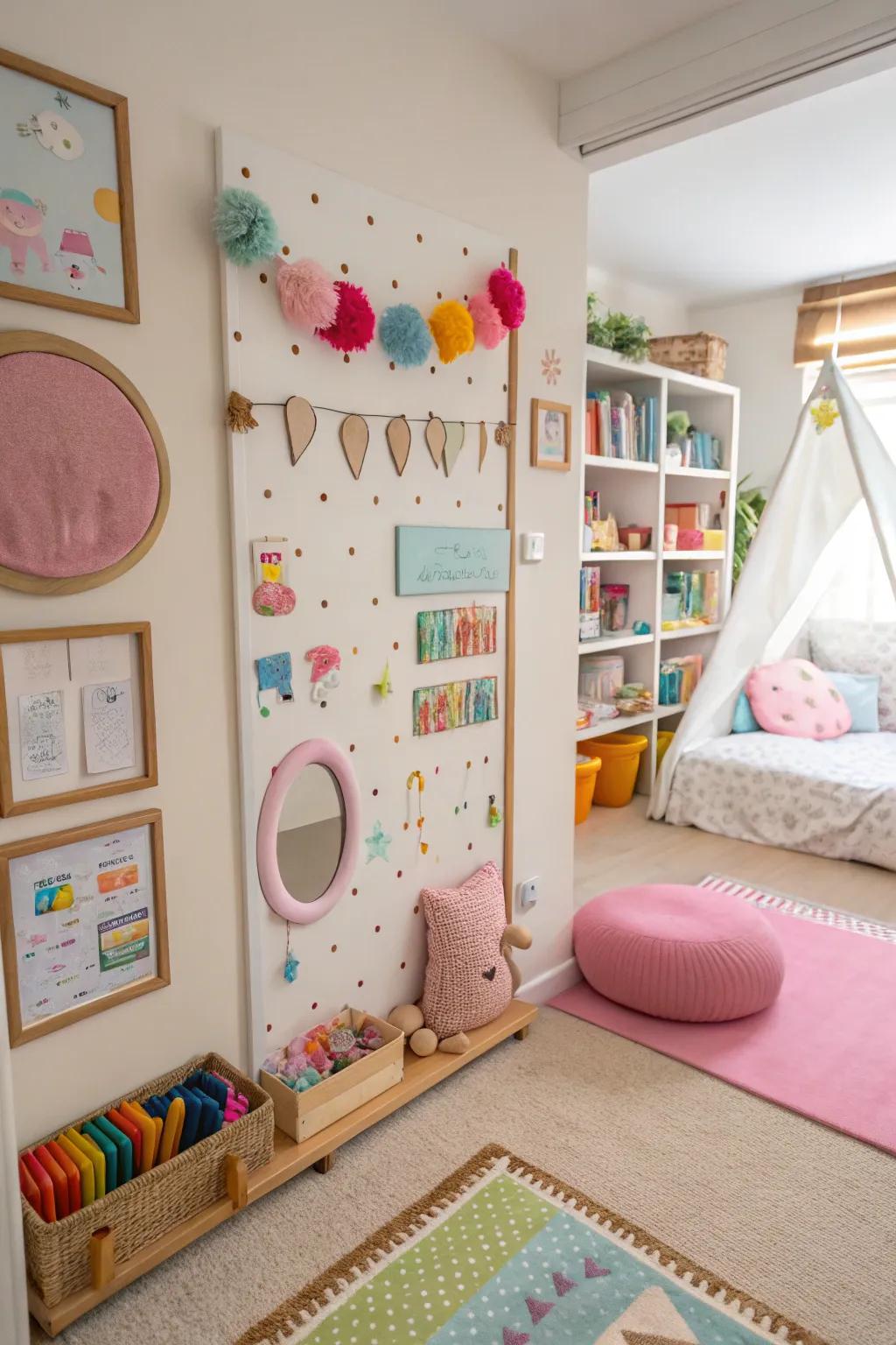 A tactile play wall fosters exploration.
