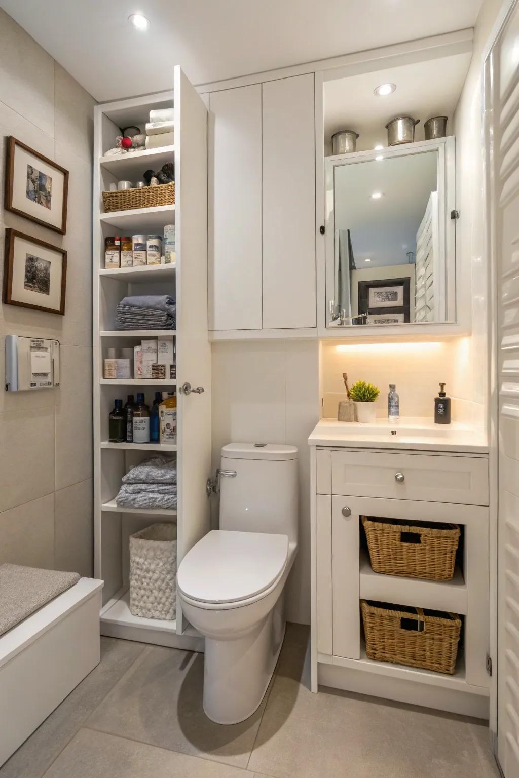 Concealed stowage solutions upholding a tidy restroom.