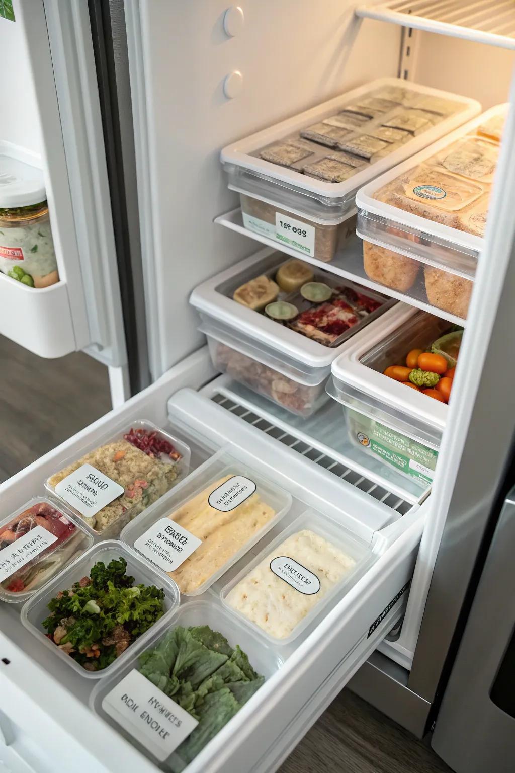 Organized segment inside a top freezer, set aside for rapid meal choices for easy access.