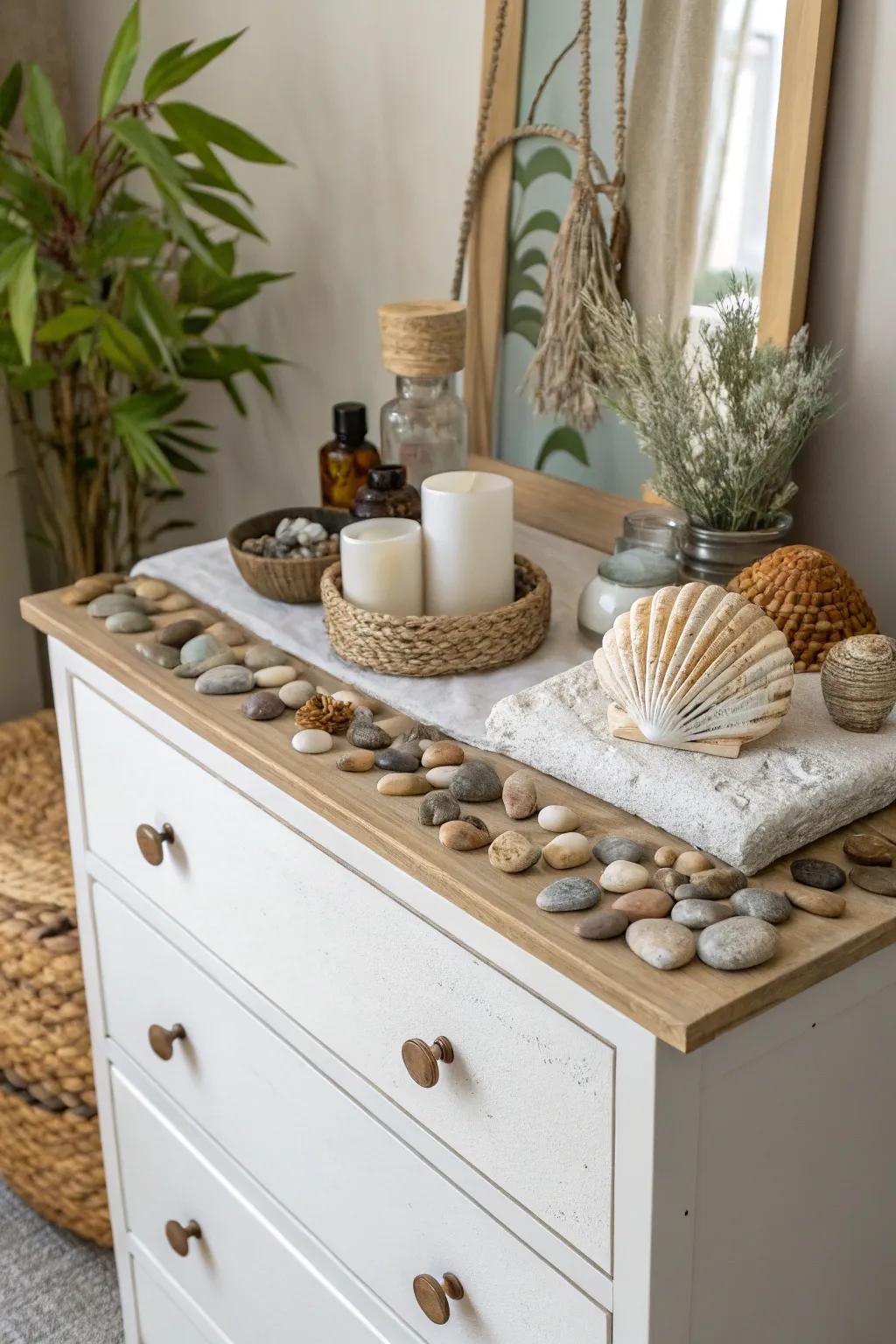 Nature-inspired decor adds serenity and an organic touch to a dresser.