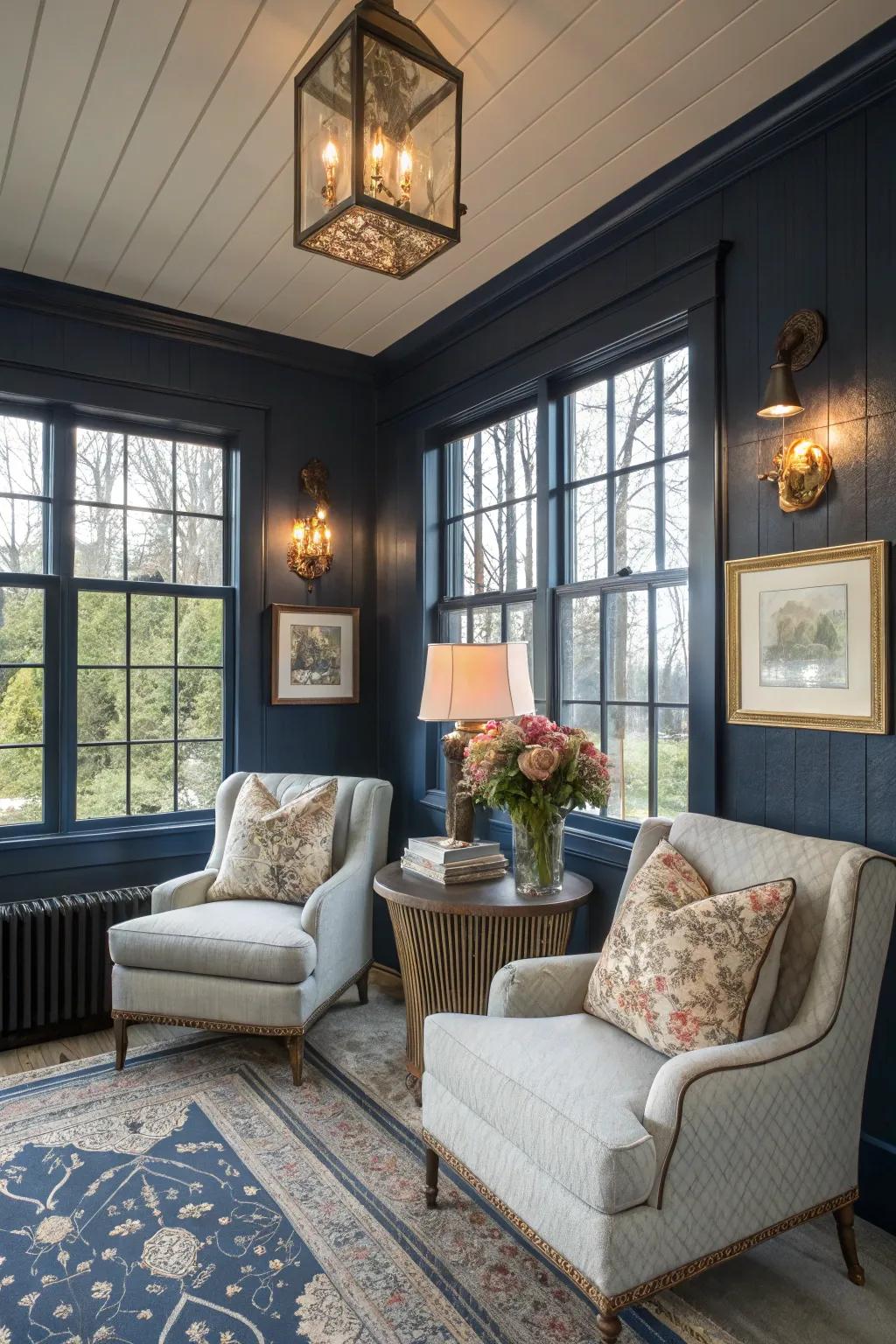 Indigo walls enveloping the sunroom in enduring comfort and elegance.