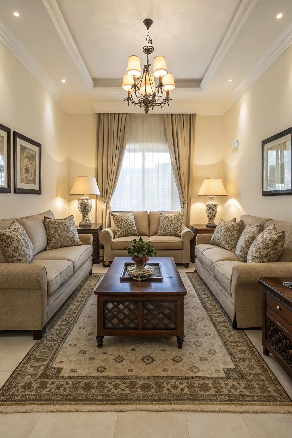 Symmetry in arrangement contributes balance and harmony to the space.
