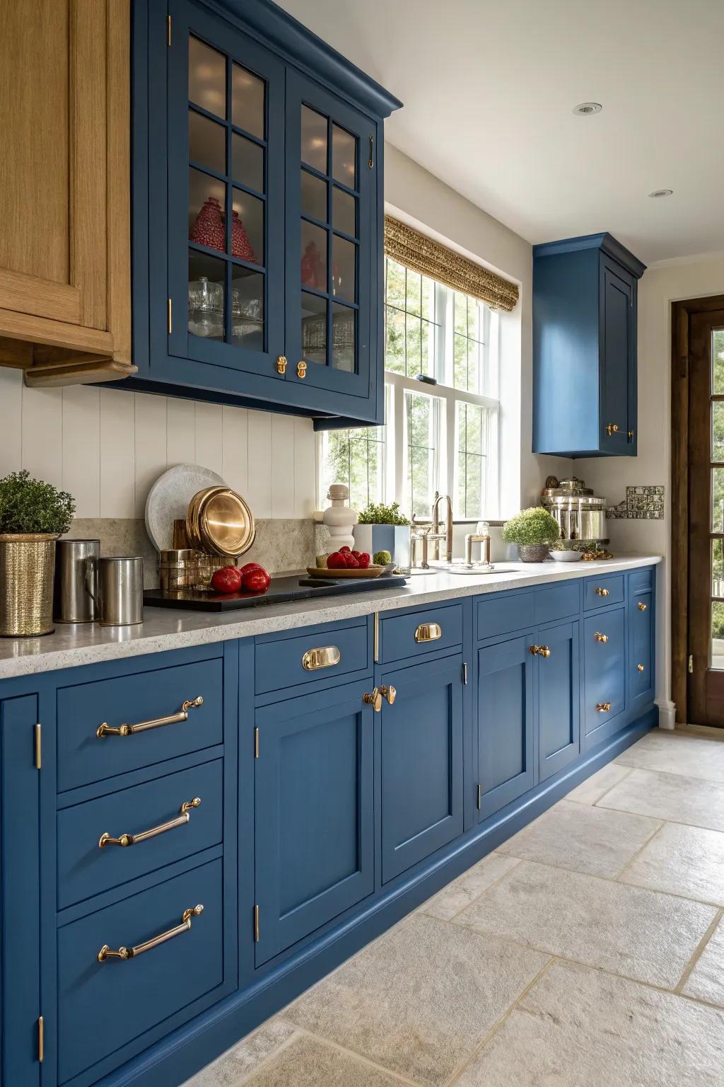 Dark teal cabinetry adds a powerful statement.