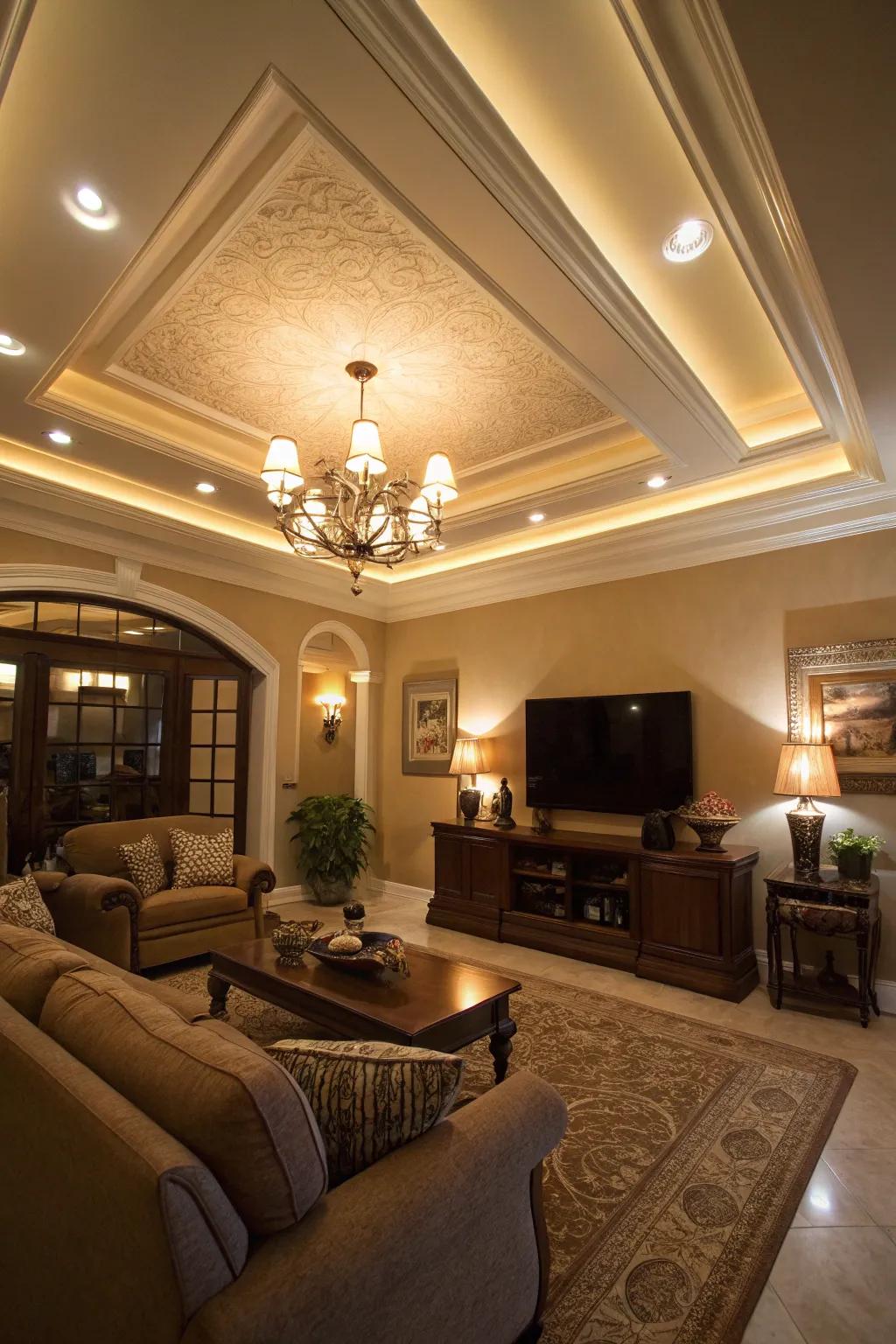 A living room where layered lighting enhances the depth of a tray ceiling.