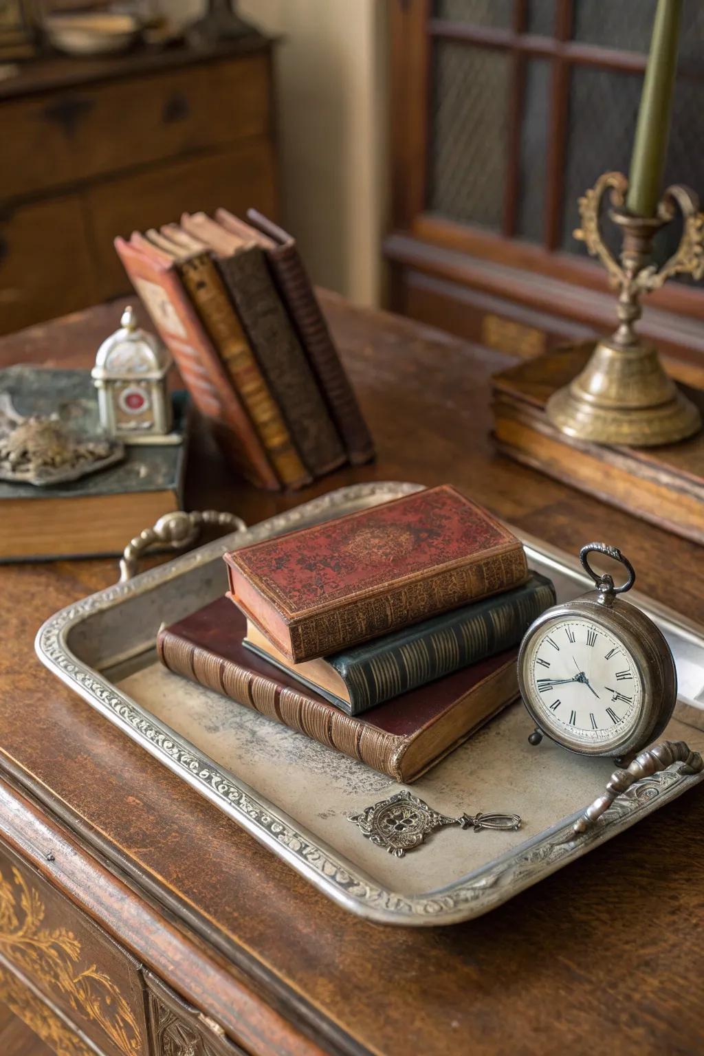 A classic area with a vintage serving tray.