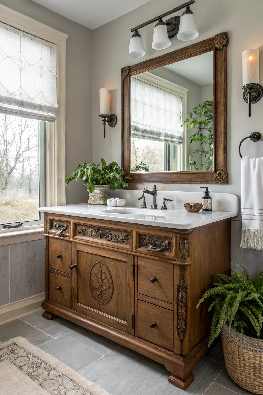 A bathroom vanity blending vintage charm with modern aspects for a unique look.