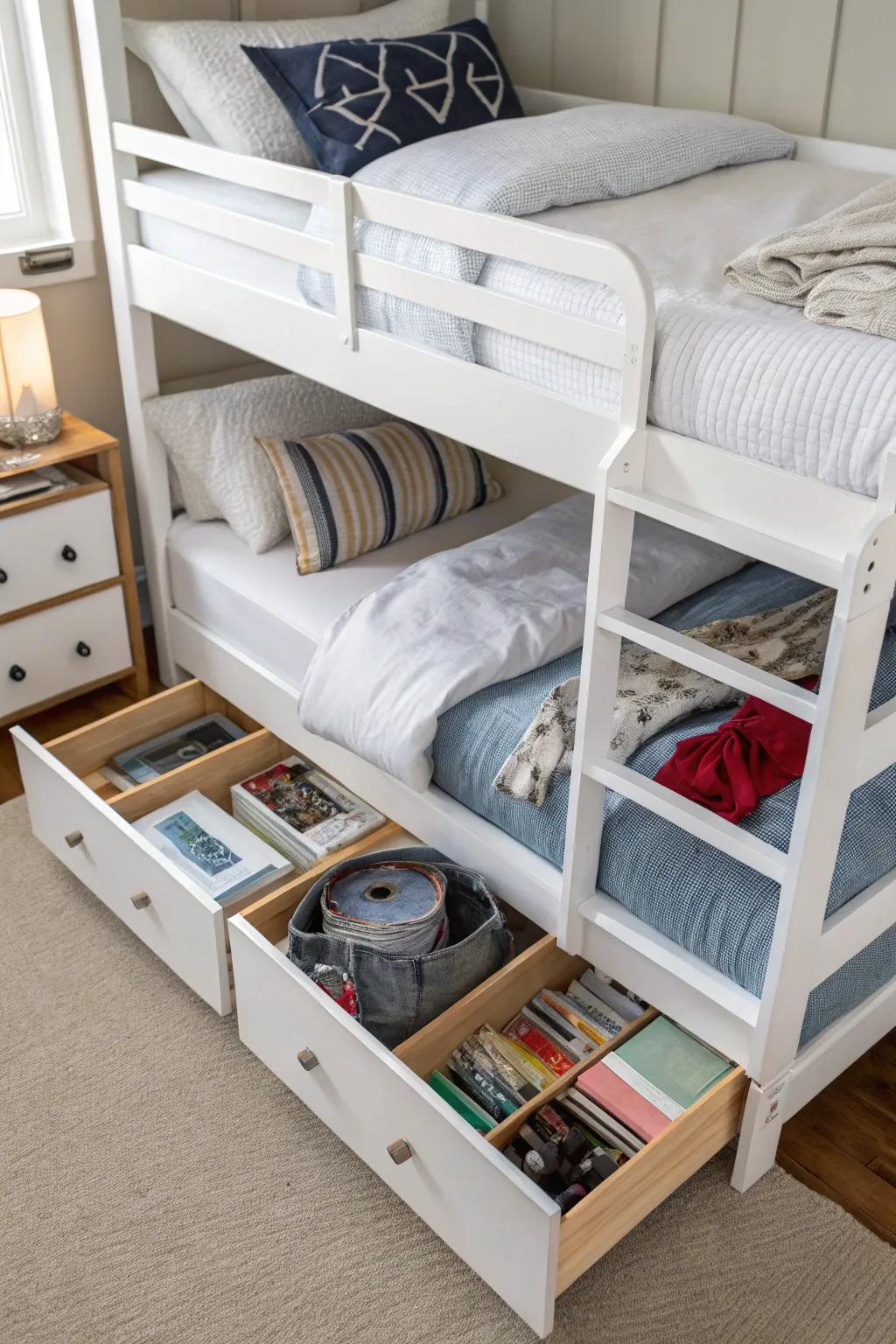 Clever organization with hidden storage in triple bunk beds.