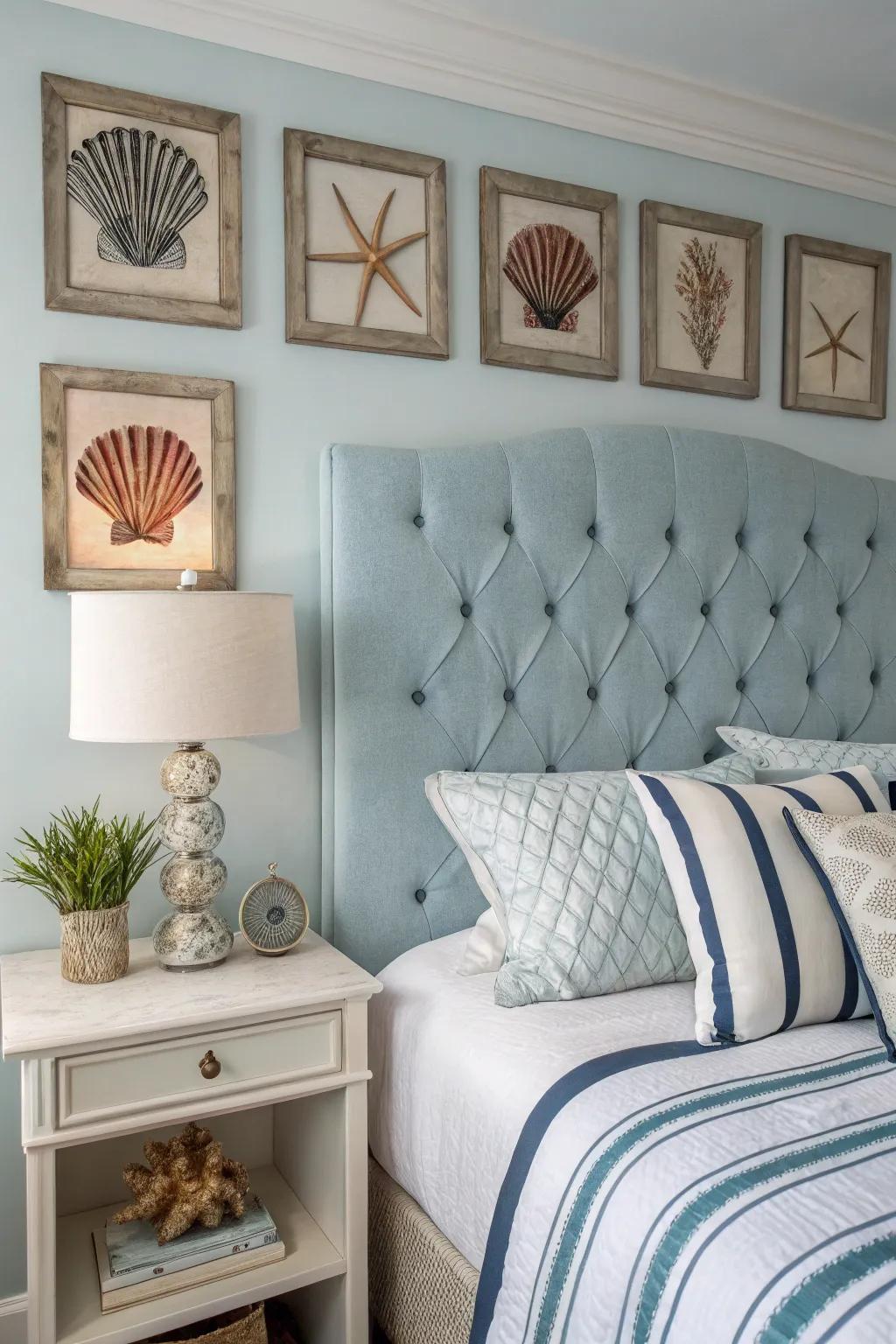 A coastal bedroom showcases a serene tufted headboard.