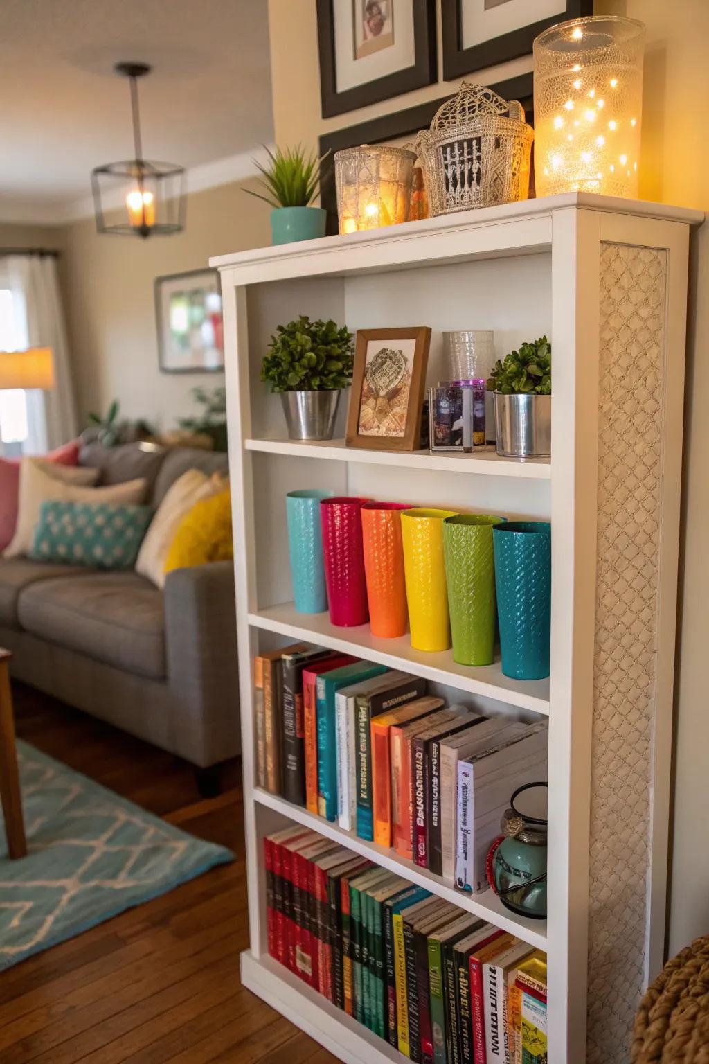 Bookshelf repurposed for tumbler storage.