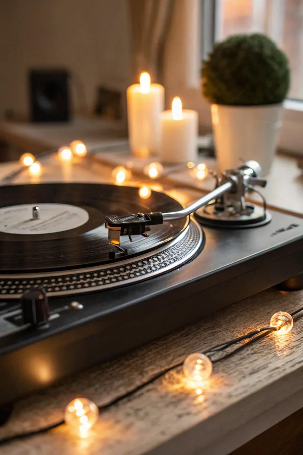 Round lights providing discreet lighting for a record player.