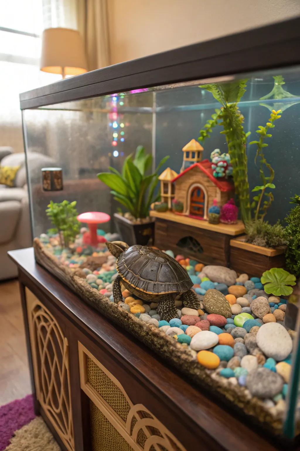 A varied decor mix creates a unique and individualized turtle tank.