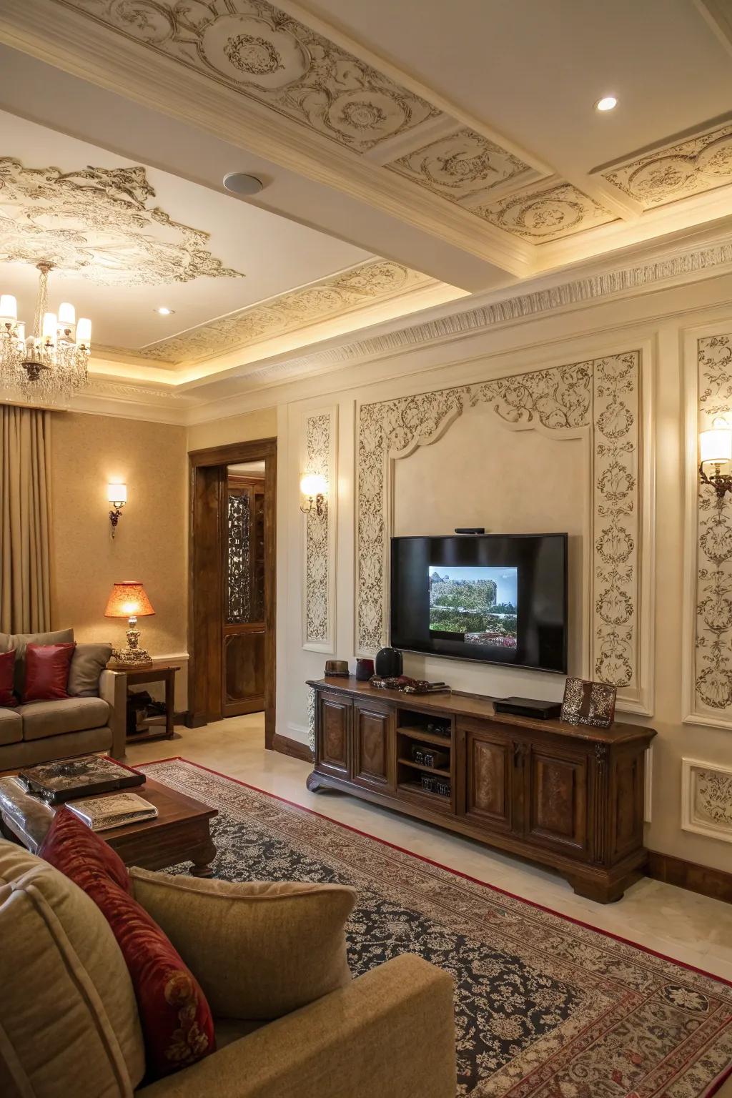 Decorative molding frames the TV, bestowing an artful presence.