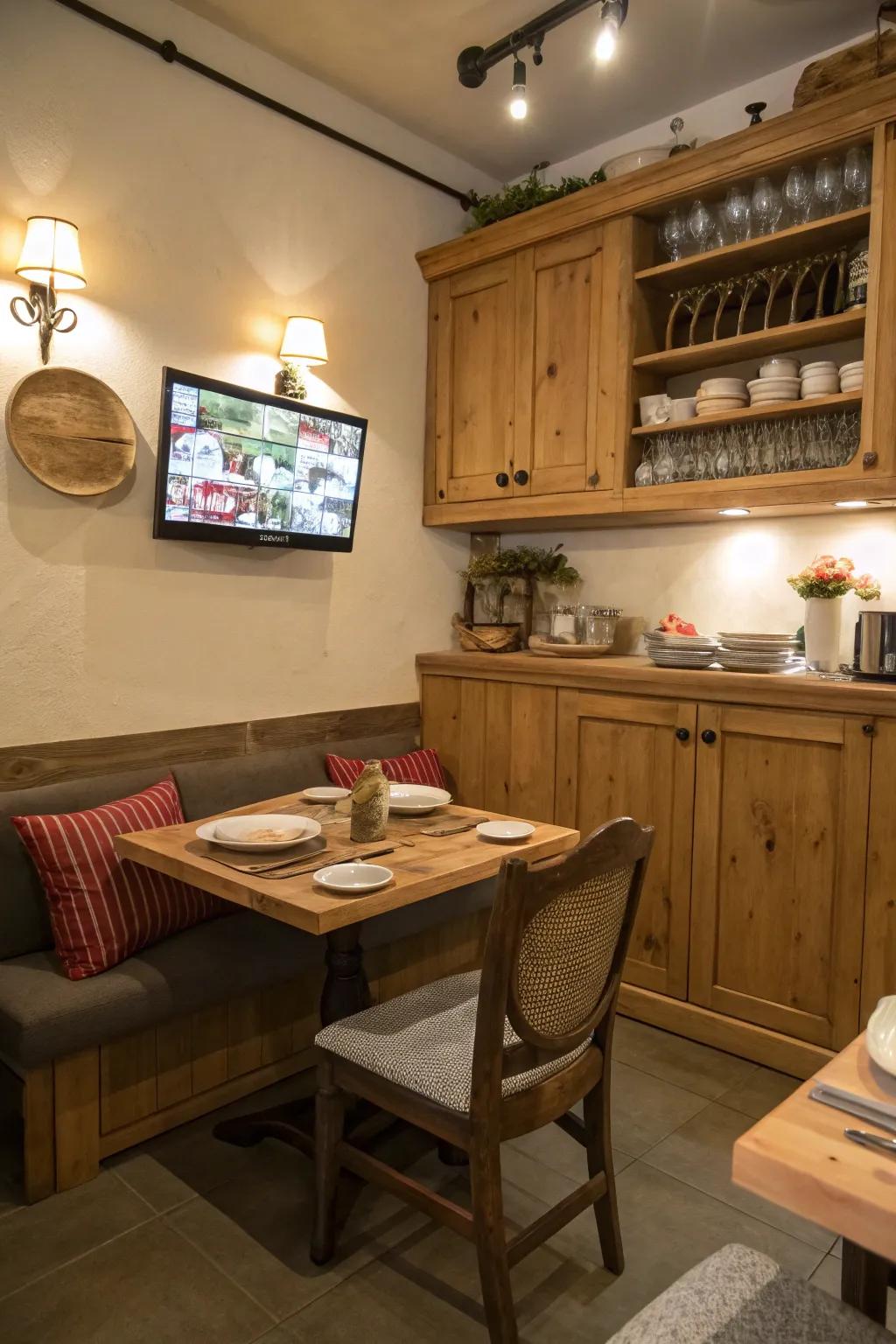 A panel display positioned in the eating alcove for comfortable mealtime entertainment.