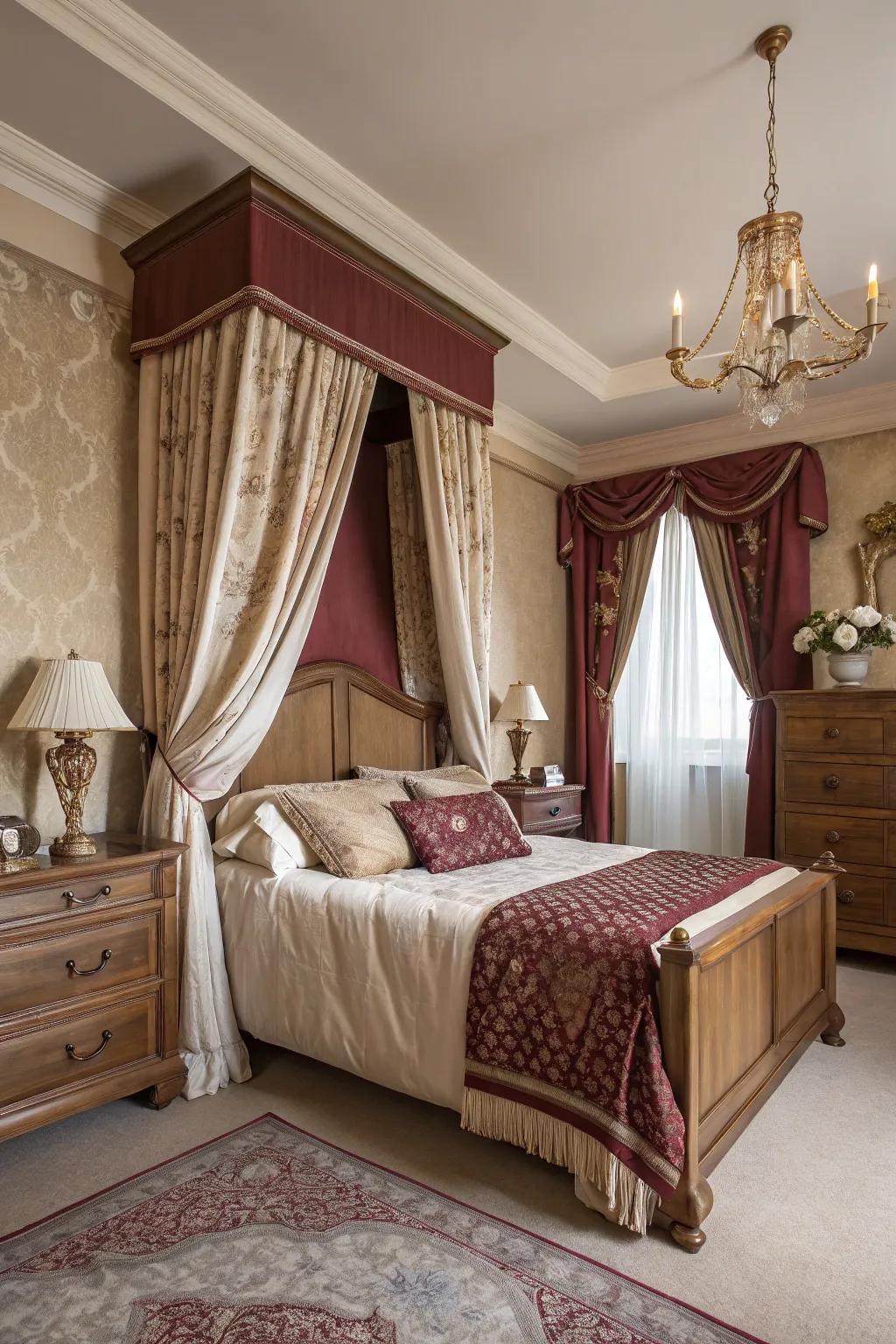An elegant bedroom featuring linen and merlot walls, radiating classic warmth.