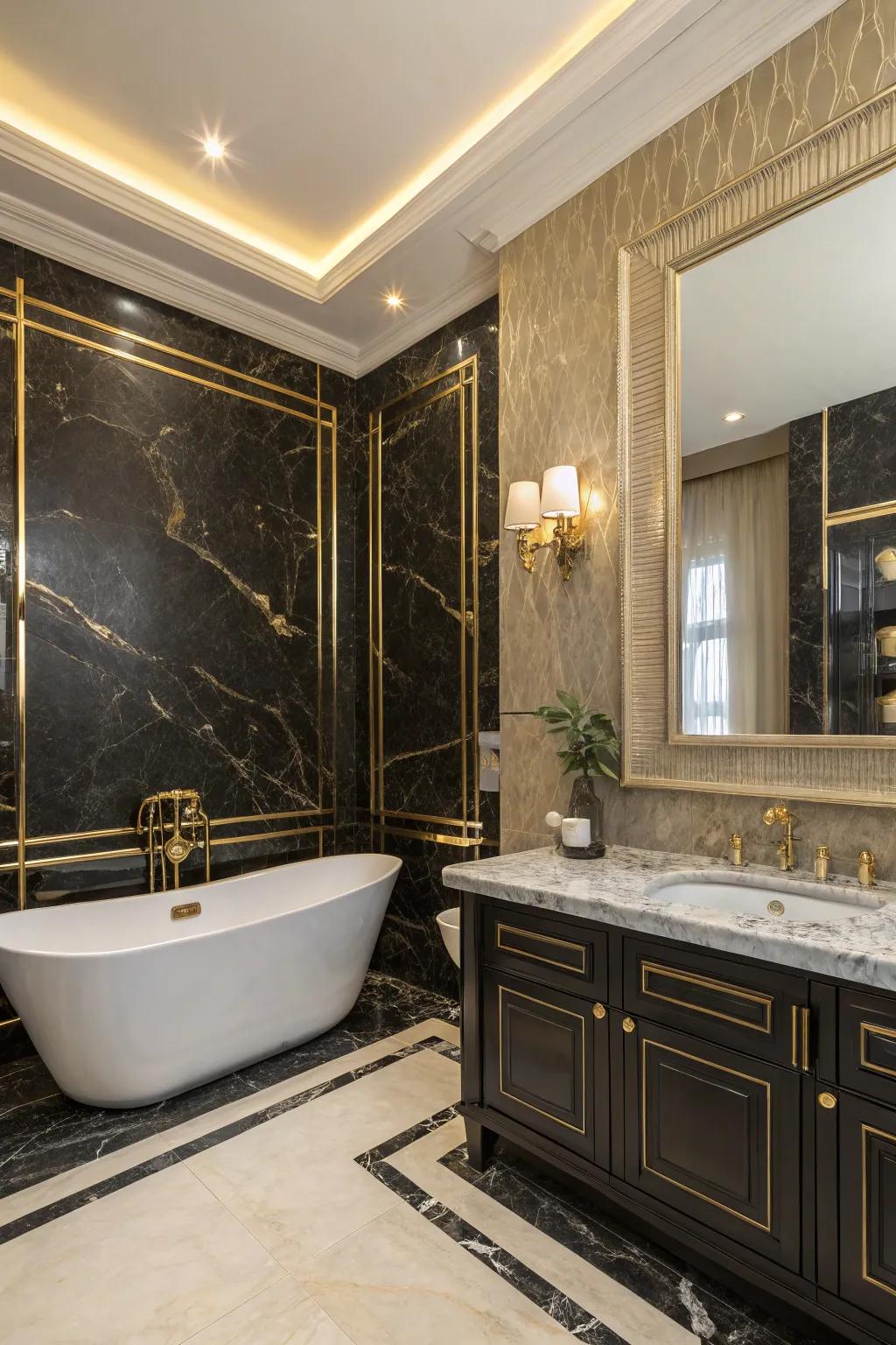 A unique ebony and gilded two-tone wall scheme that injects a touch of glamour.