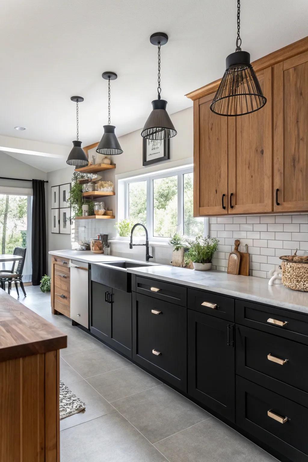 A sophisticated jet black and timber kitchen for timeless appeal.