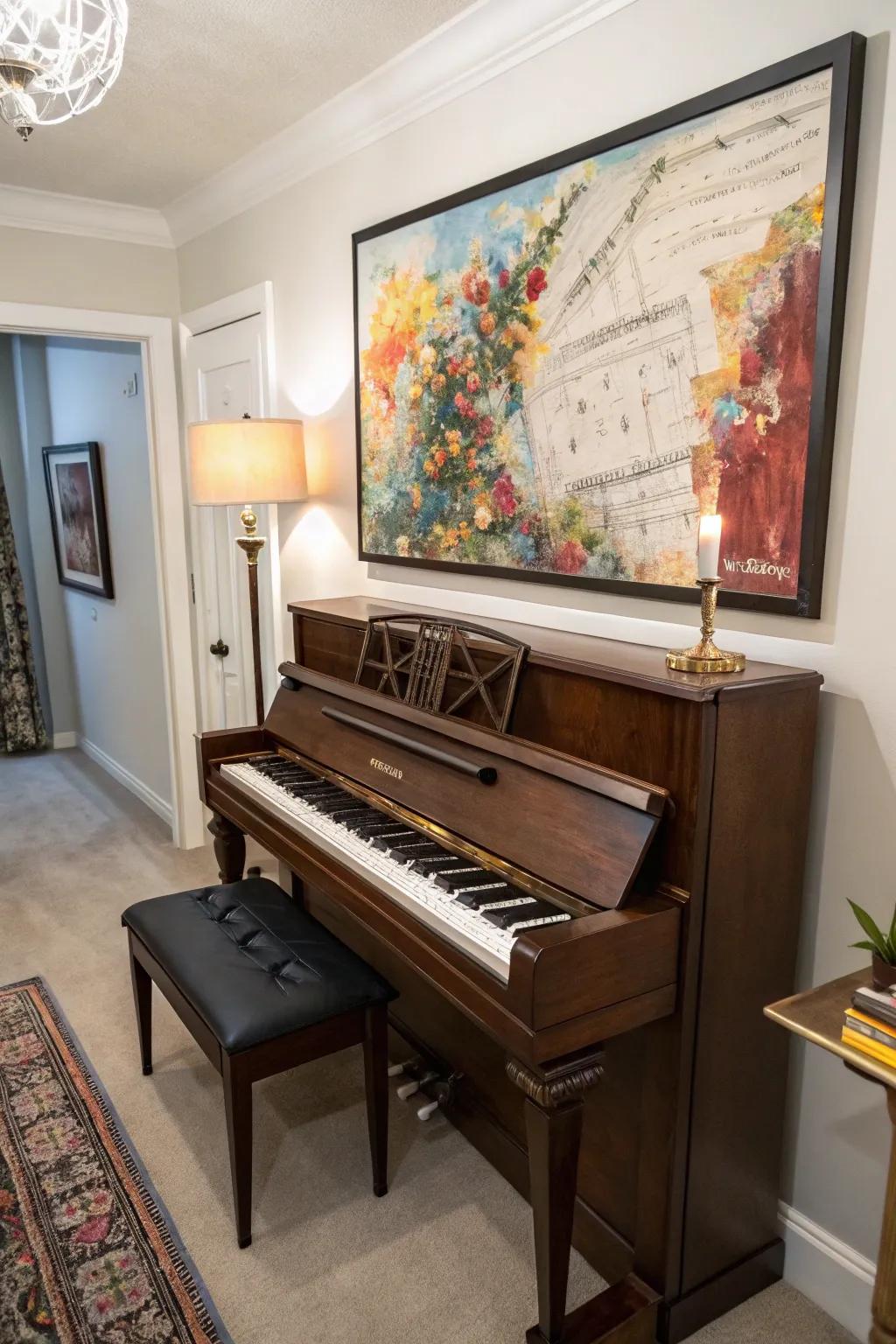 A room featuring an upright piano and a large piece of wall art as a focal point.