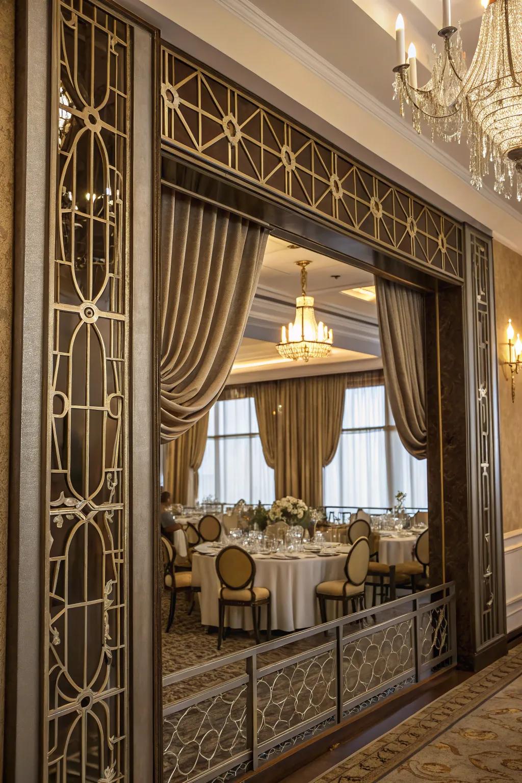 A window displaying an Art Deco-inspired topper in a glamorous dining area.