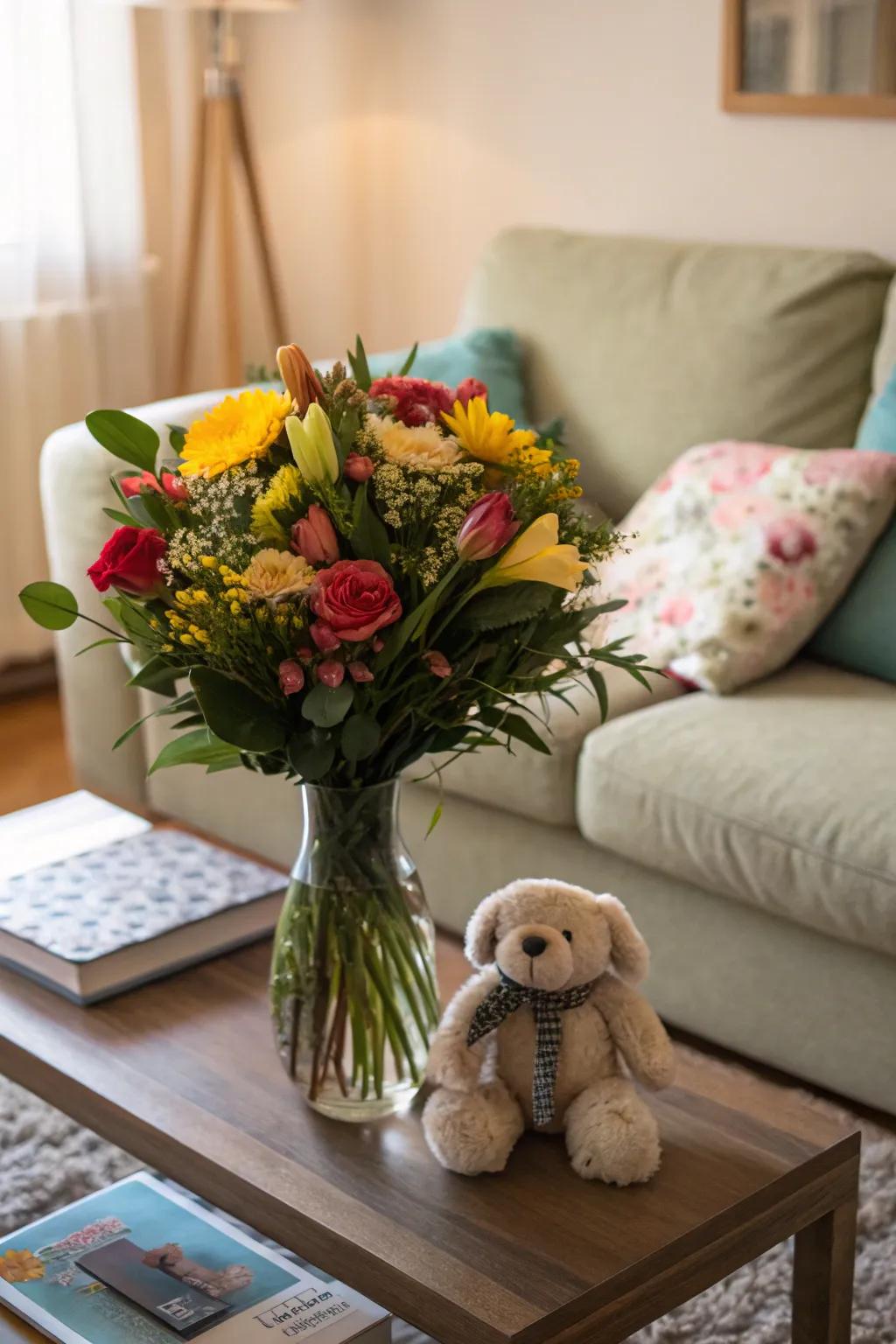Bouquet featuring a delicate toy incorporating added allure.