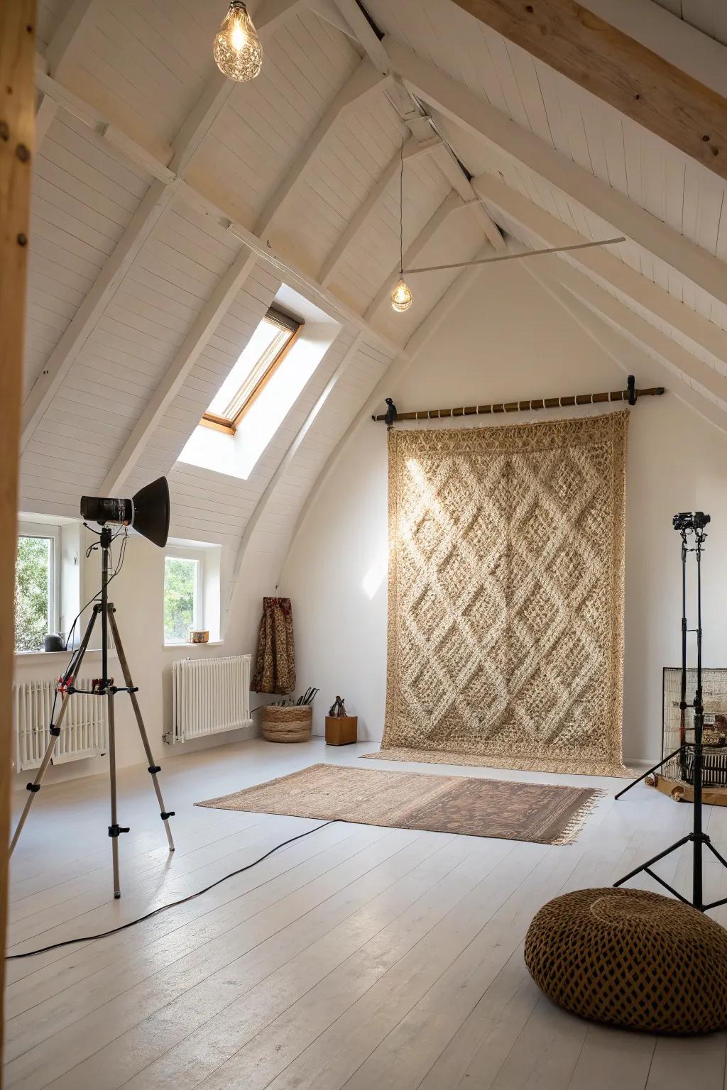 Studio featuring a vaulted ceiling and woven textile accent wall