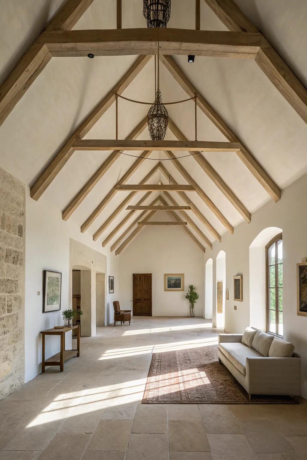 Minimalist elegance with hidden beams on a vaulted ceiling.