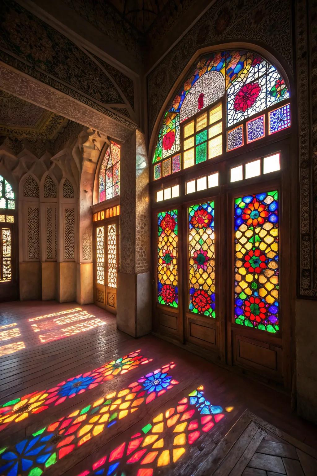 Colored glass openings that add color and artistry to the space.