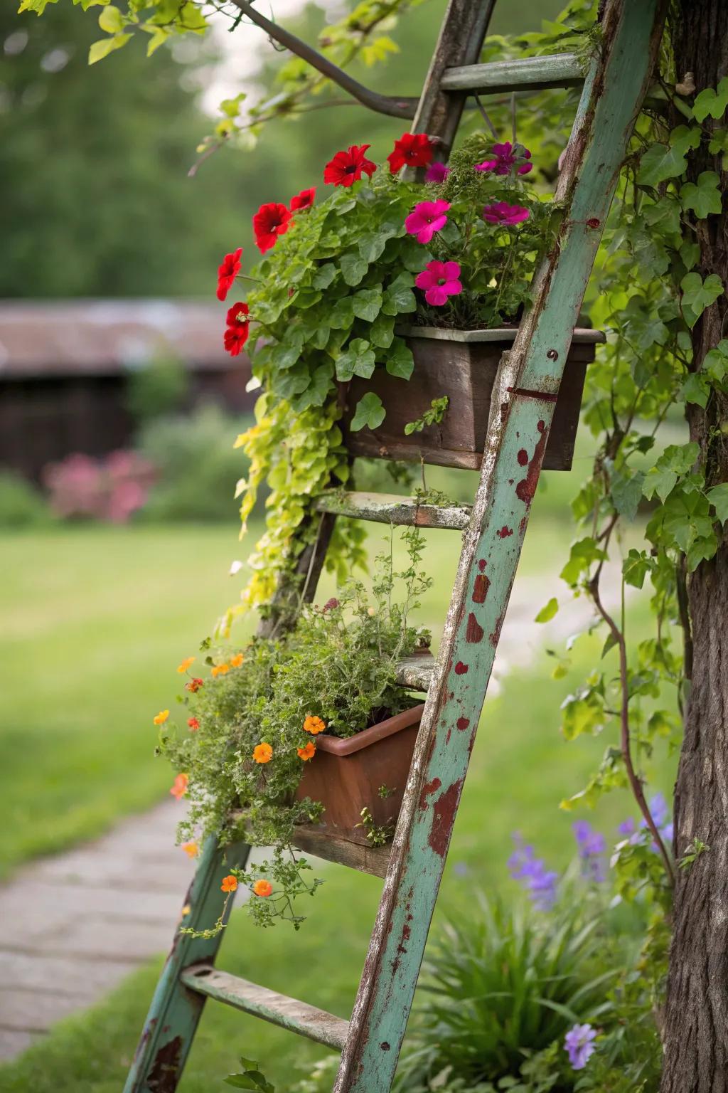An antiquated ladder repurposed as a charming tiered cultivator.