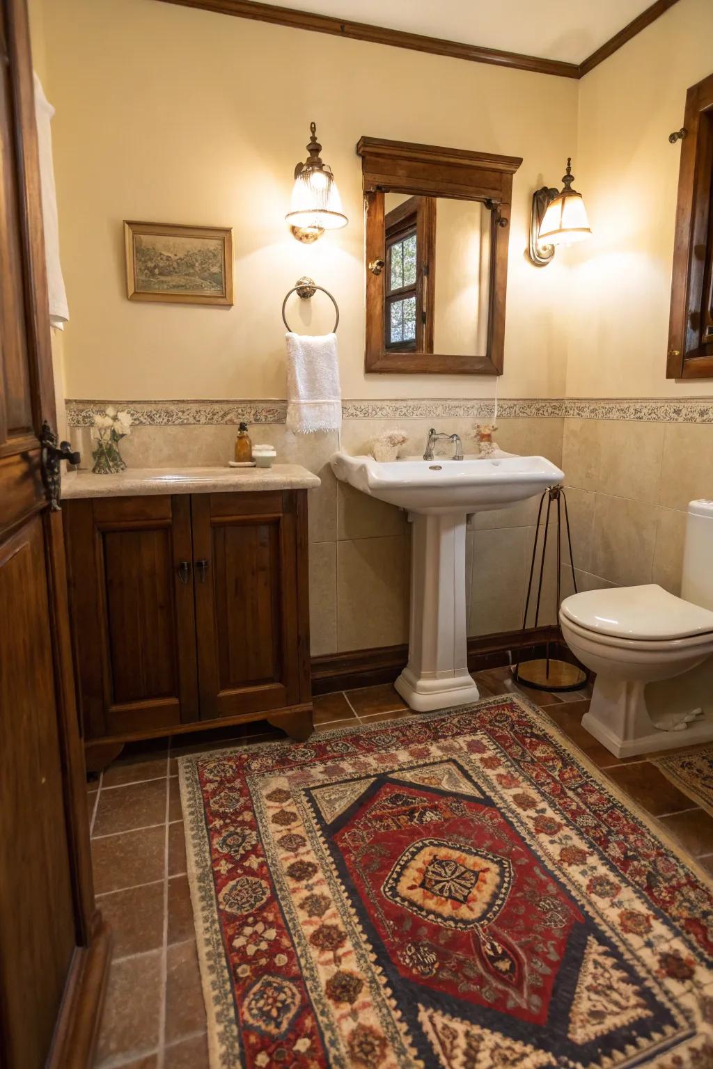 Vintage rugs introduce comfort and style to bathroom spaces.