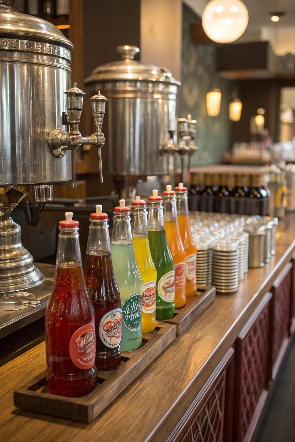 Classic drink stations serve retro sodas and cocktails with style.