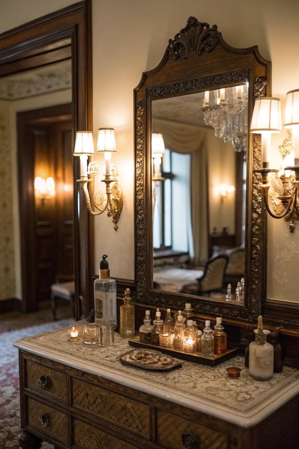 Vintage lighting enhances the ambiance and elegance of your vanity.