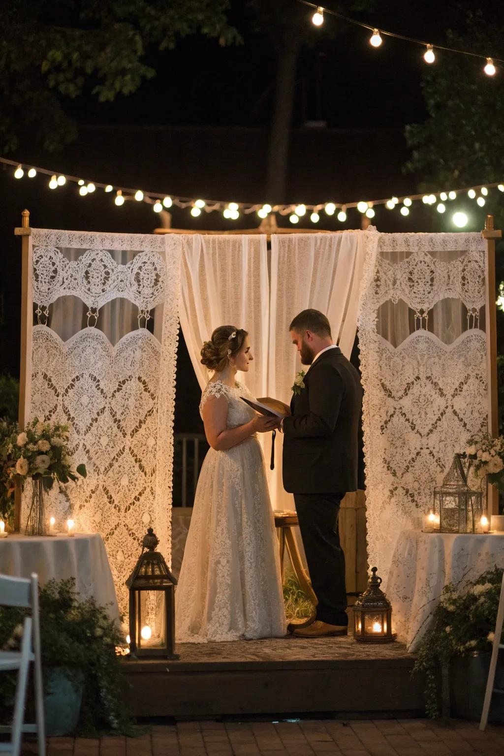A dreamy sheer backdrop at a vintage wedding ceremony.
