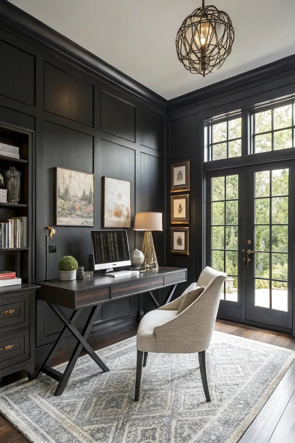 A modern home office featuring bold black wainscoting.